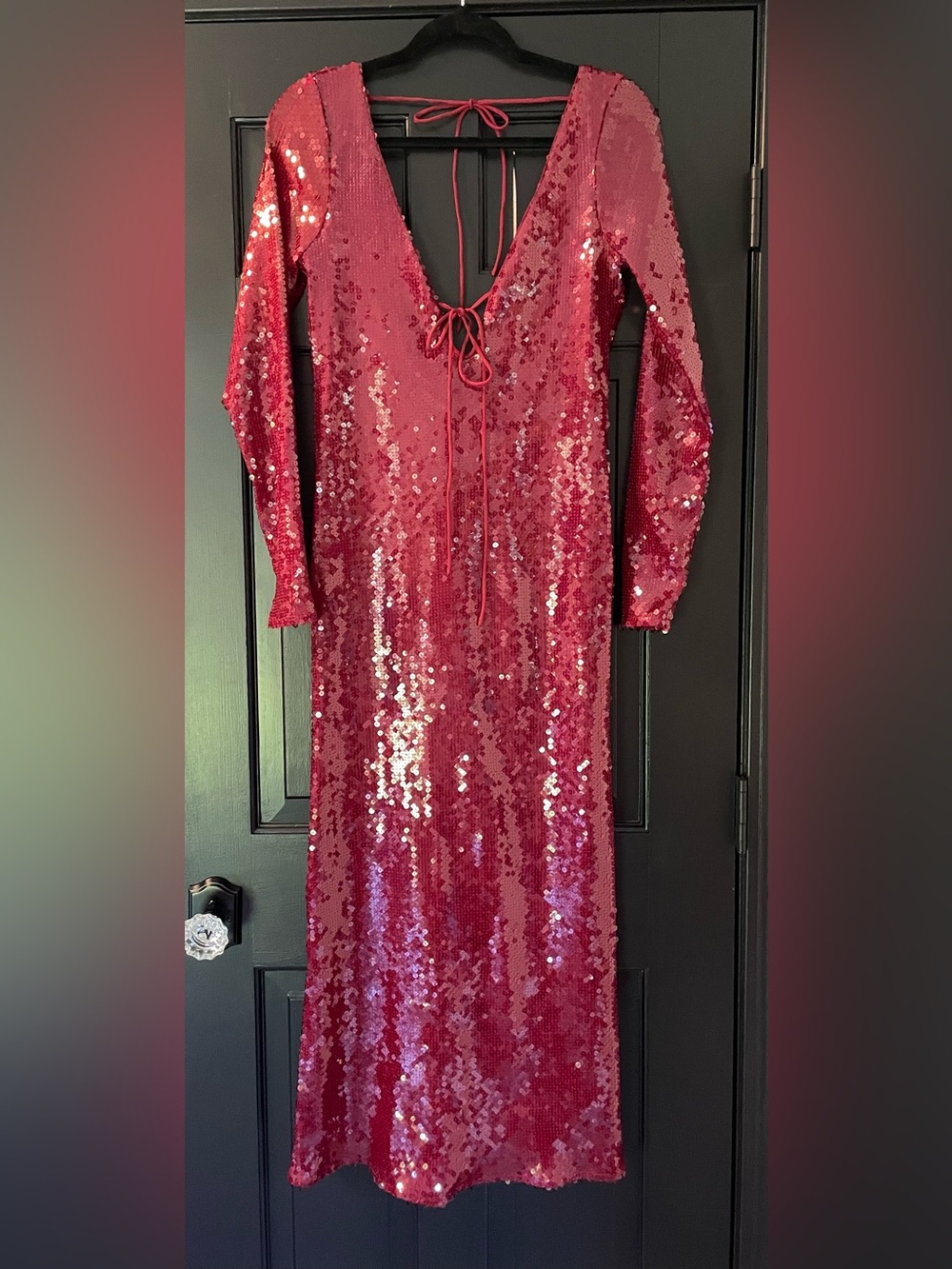 Bardot Rose Red Sequin Long-Sleeve V-Neck Gown